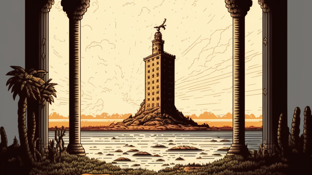 The Pharos of Alexandria, pixel art style, is the emblem of Polemos Pharos