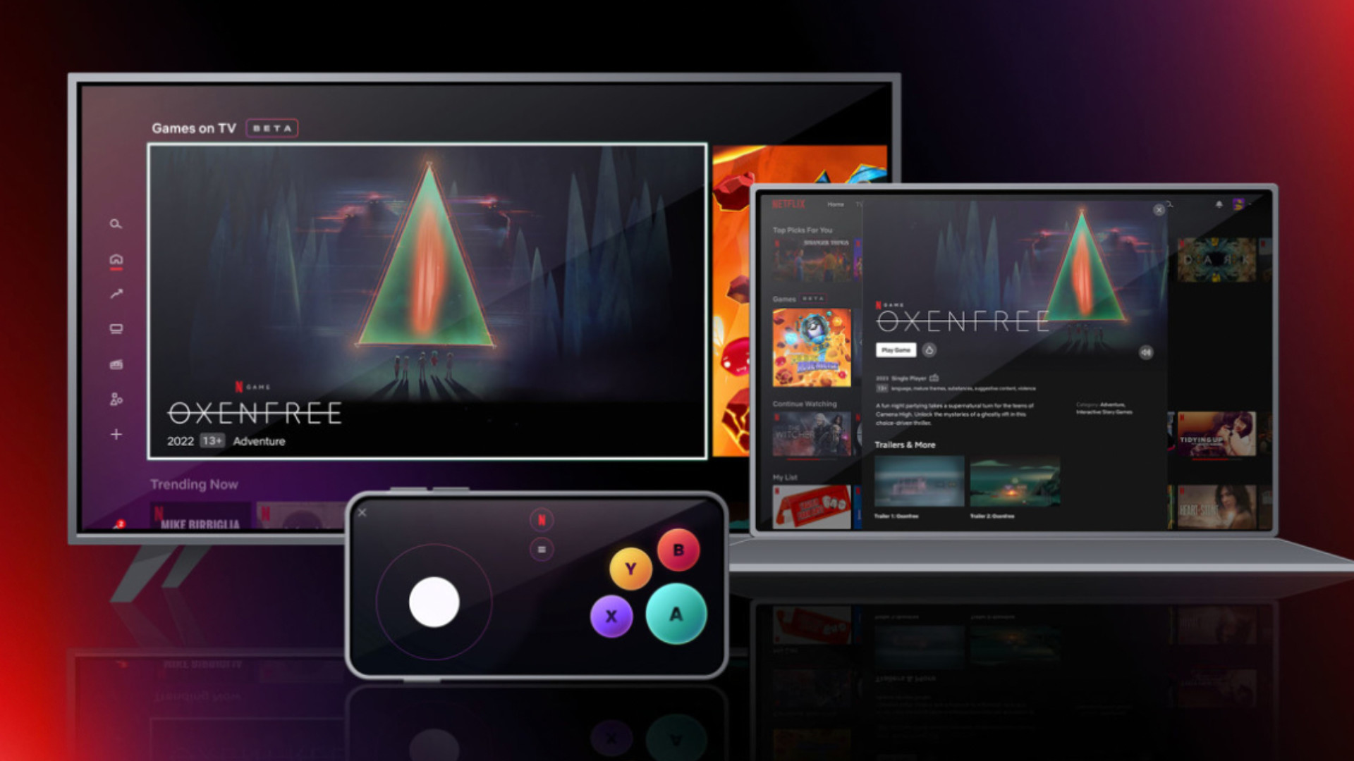 The Netflix gaming interface, including mobile phone controller.
